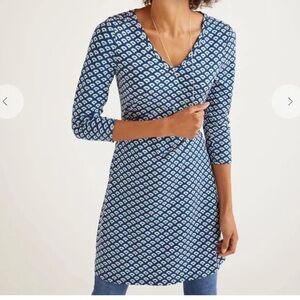 Boden Tori Jersey Tunic Mini Dress Blue Green pattern print Print‎ V-Neck Size 6